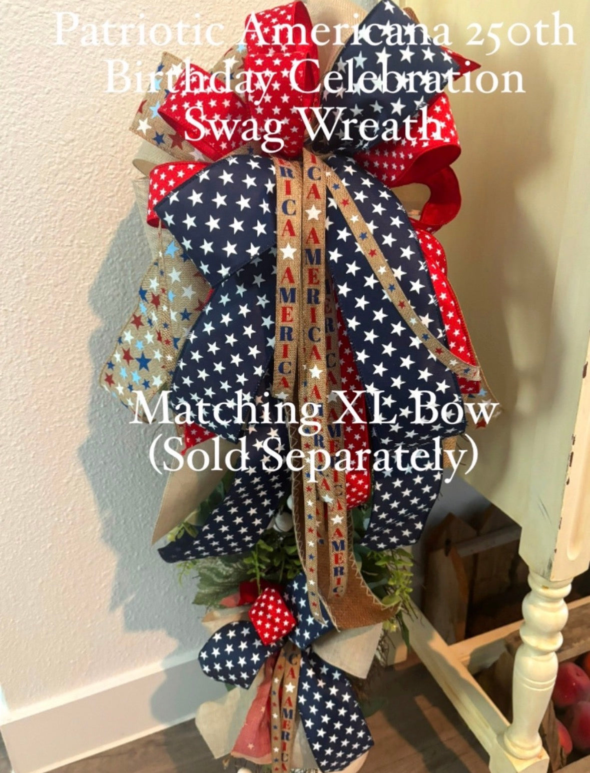 XL Patriotic Americana Swag Stars & Stripes Front Door Wreath (vintage stand not included)
