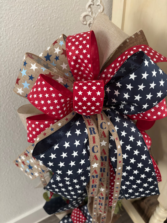 Patriotic Americana 250th XL Bow Handmade USA Multi Colored Ribbon Wired Bow Our 250th Birthday Bow