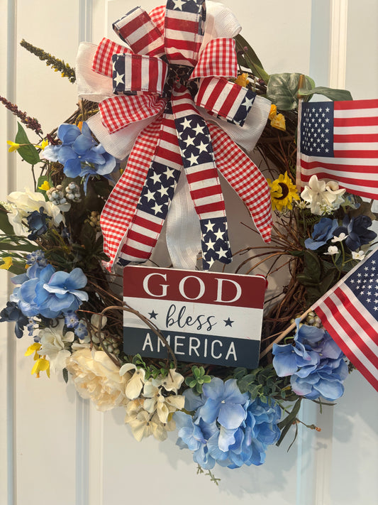 Patriotic God Bless America Front Door Wreath Beautiful Red White & Blue Grapevine Wreath