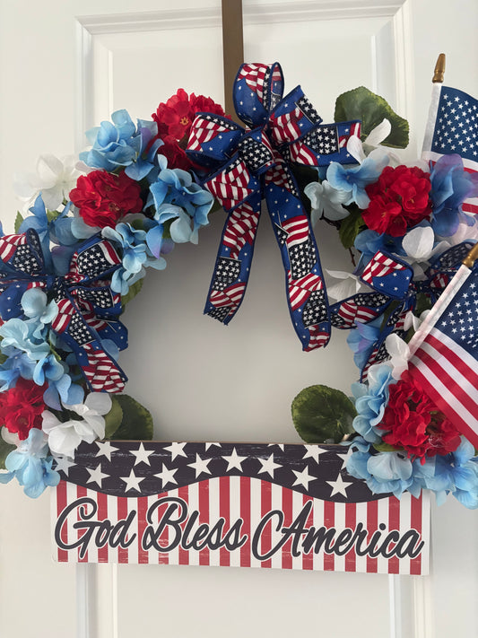 4th July Memorial God Bless America Patriotic Front Door Wreath