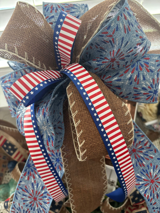 Patriotic 4th Of July Bow Wreath DIY Lantern 250 America Celebration Handmade Wired Ready For Party Large Size Multi Ribbons