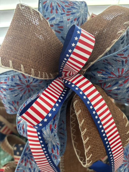 Patriotic 250th Americana Bow Large Bow DIY Wreath, Lantern Party Celebration Stars Stripes Red White Blue Lt Blue Firecracker Accent Bow Professional Florist Handmade Fabric Bow