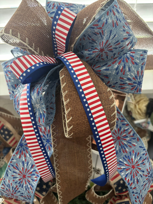 Patriotic 250th Americana Bow Large Bow DIY Wreath, Lantern Party Celebration Stars Stripes Red White Blue Lt Blue Firecracker Accent Bow Professional Florist Handmade Fabric Bow