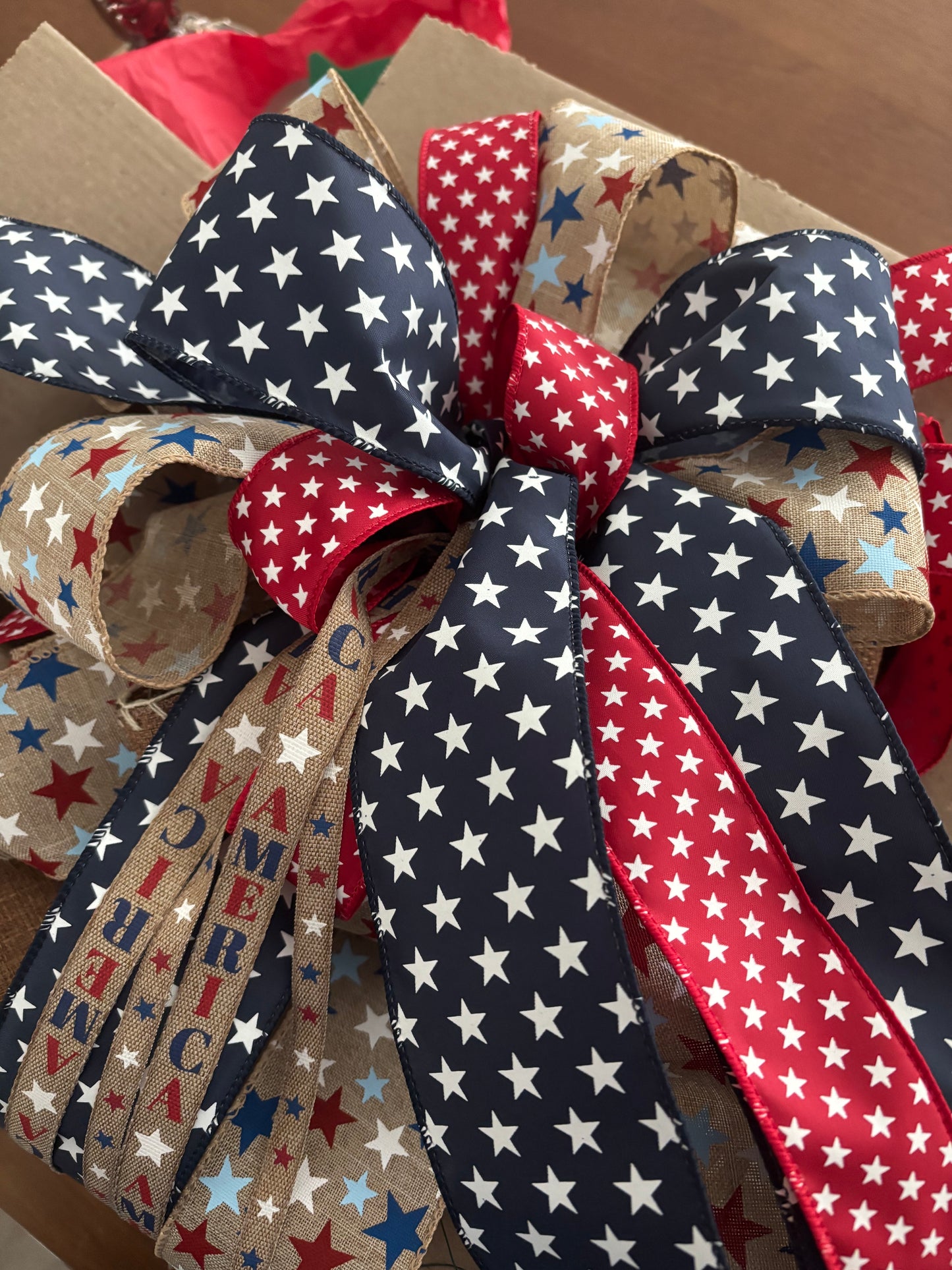 Patriotic Americana 250th XL Bow Handmade USA Multi Colored Ribbon Wired Bow Our 250th Birthday Bow