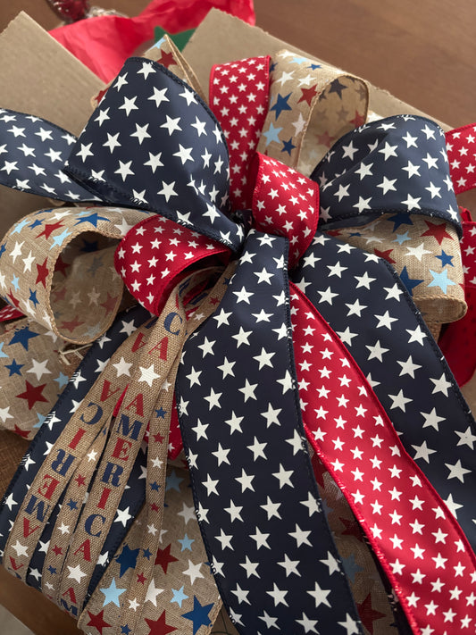Patriotic Americana 250th XL Bow Handmade USA Multi Colored Ribbon Wired Bow Our 250th Birthday Bow