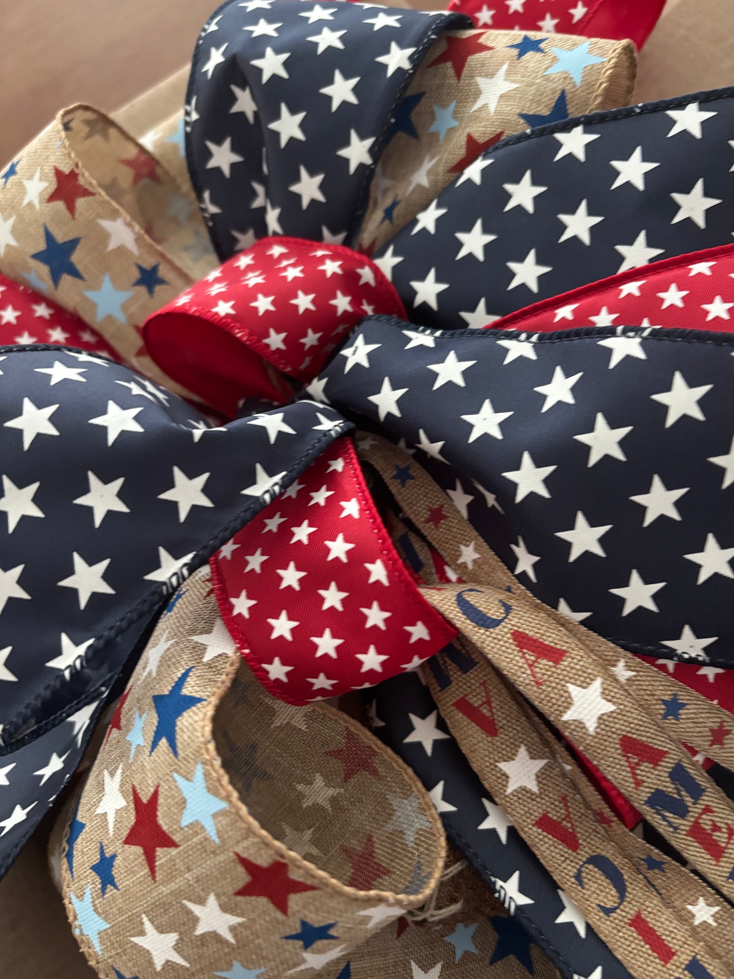 Patriotic Americana 250th XL Bow Handmade USA Multi Colored Ribbon Wired Bow Our 250th Birthday Bow