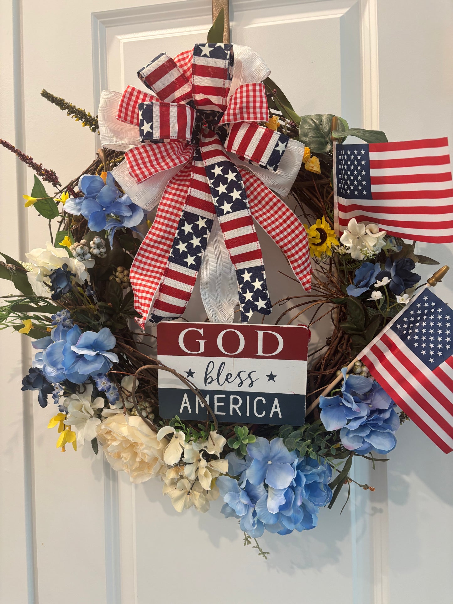 Patriotic God Bless America Front Door Wreath Beautiful Red White & Blue Grapevine Wreath