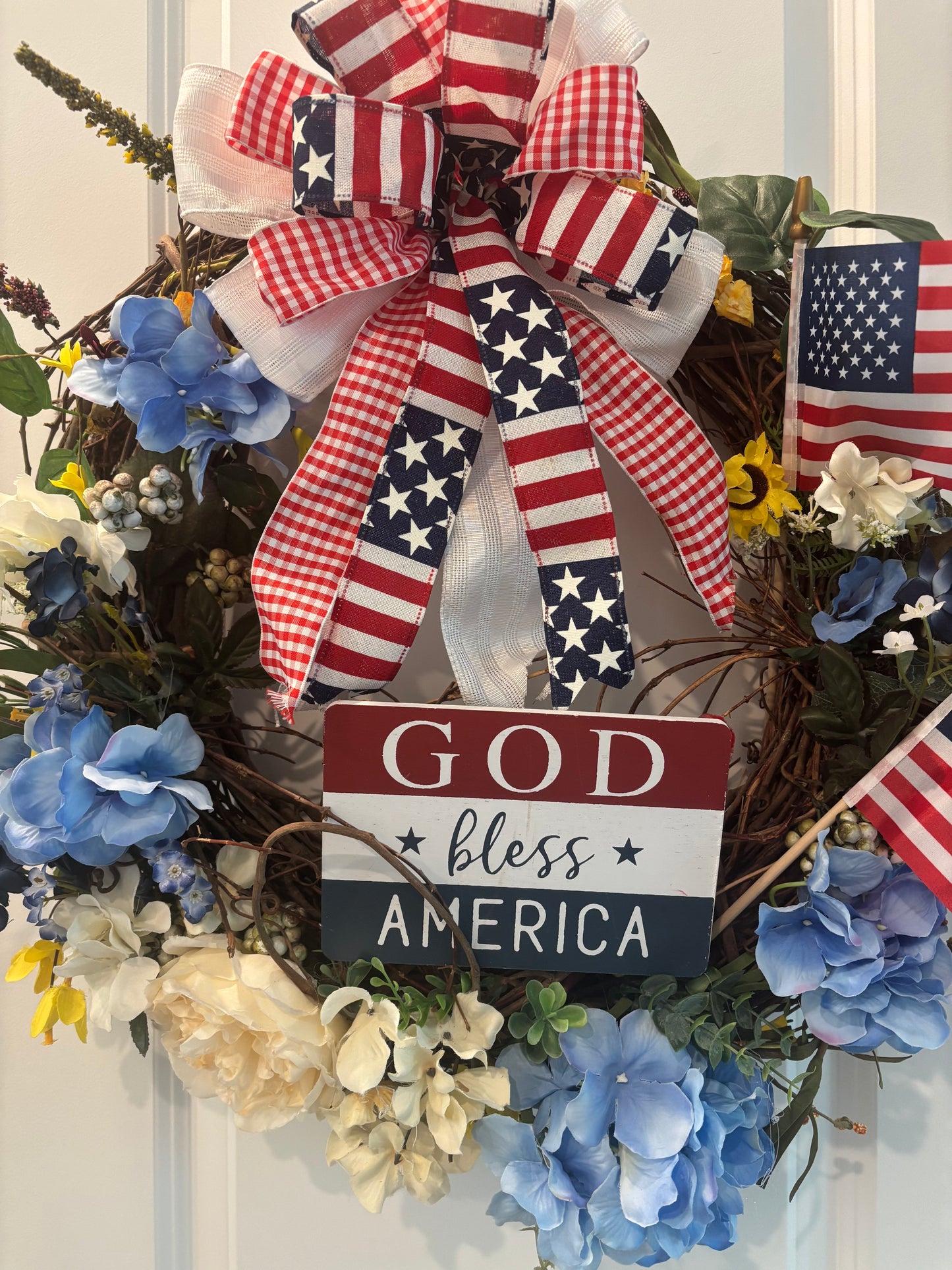 Patriotic God Bless America Front Door Wreath Beautiful Red White & Blue Grapevine Wreath
