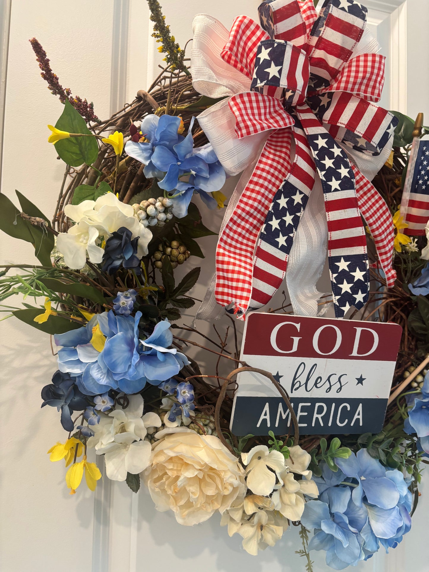 Patriotic God Bless America Front Door Wreath Beautiful Red White & Blue Grapevine Wreath