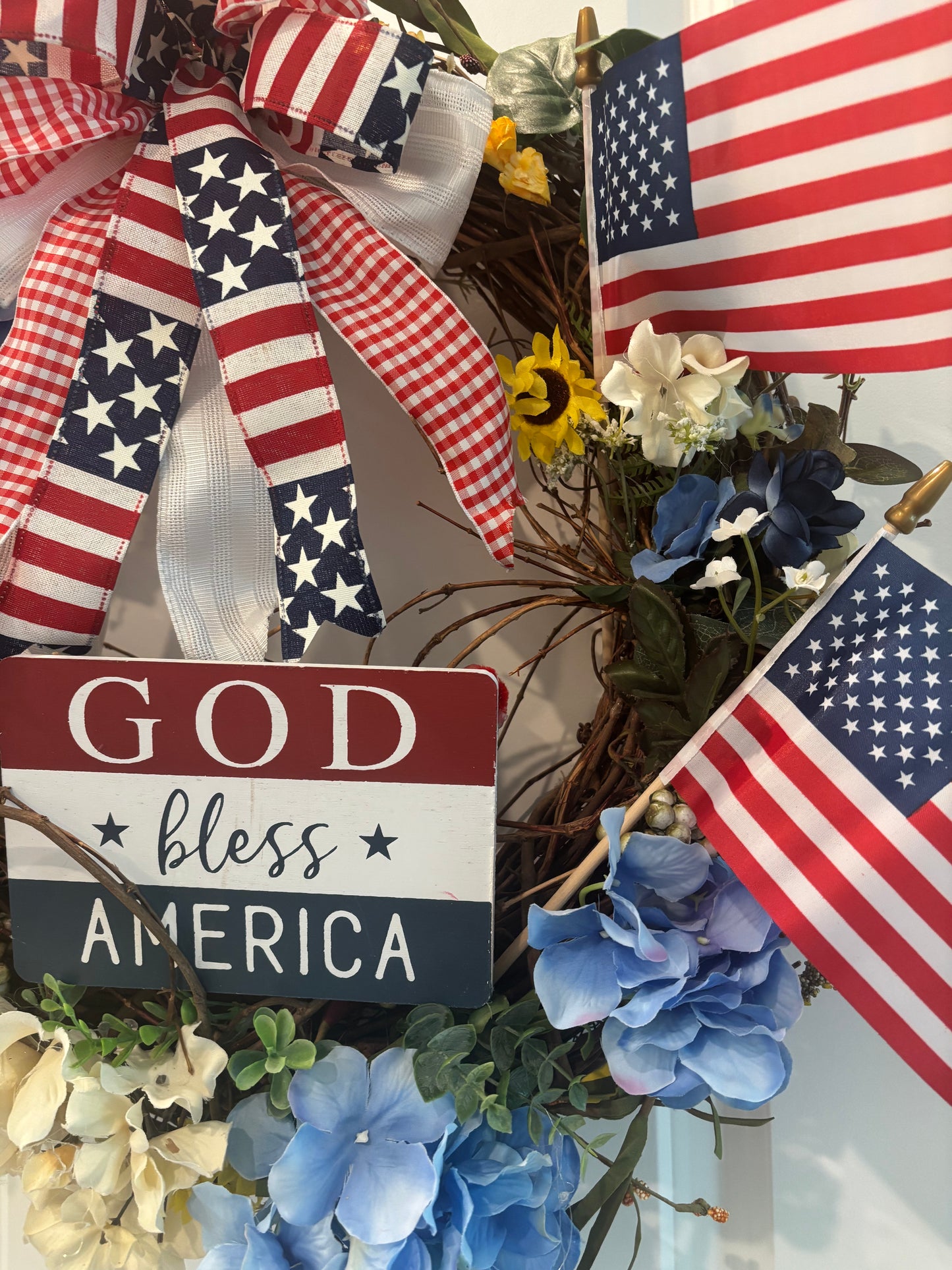 Patriotic God Bless America Front Door Wreath Beautiful Red White & Blue Grapevine Wreath