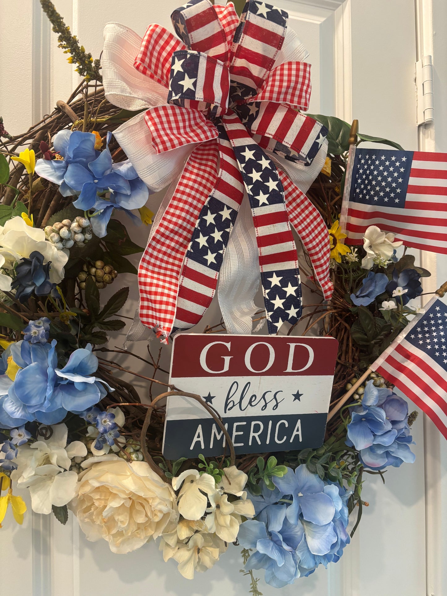 Patriotic God Bless America Front Door Wreath Beautiful Red White & Blue Grapevine Wreath