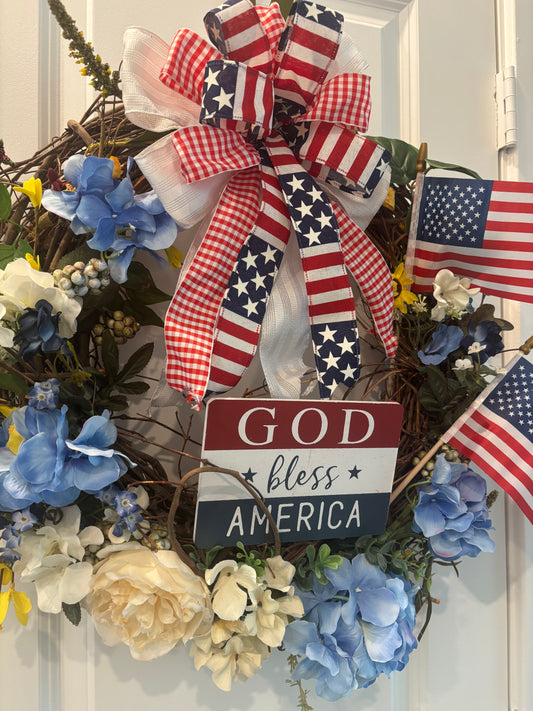 Patriotic God Bless America Front Door Wreath Beautiful Red White & Blue Grapevine Wreath